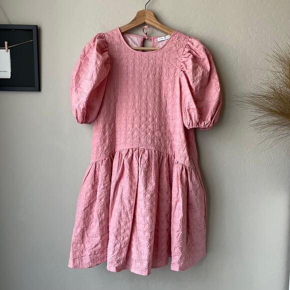 NEW English Factory Dress Pink Penelope Puff Sleeve‎ Drop Waist Mini Dress Sz XS - Picture 2 of 9